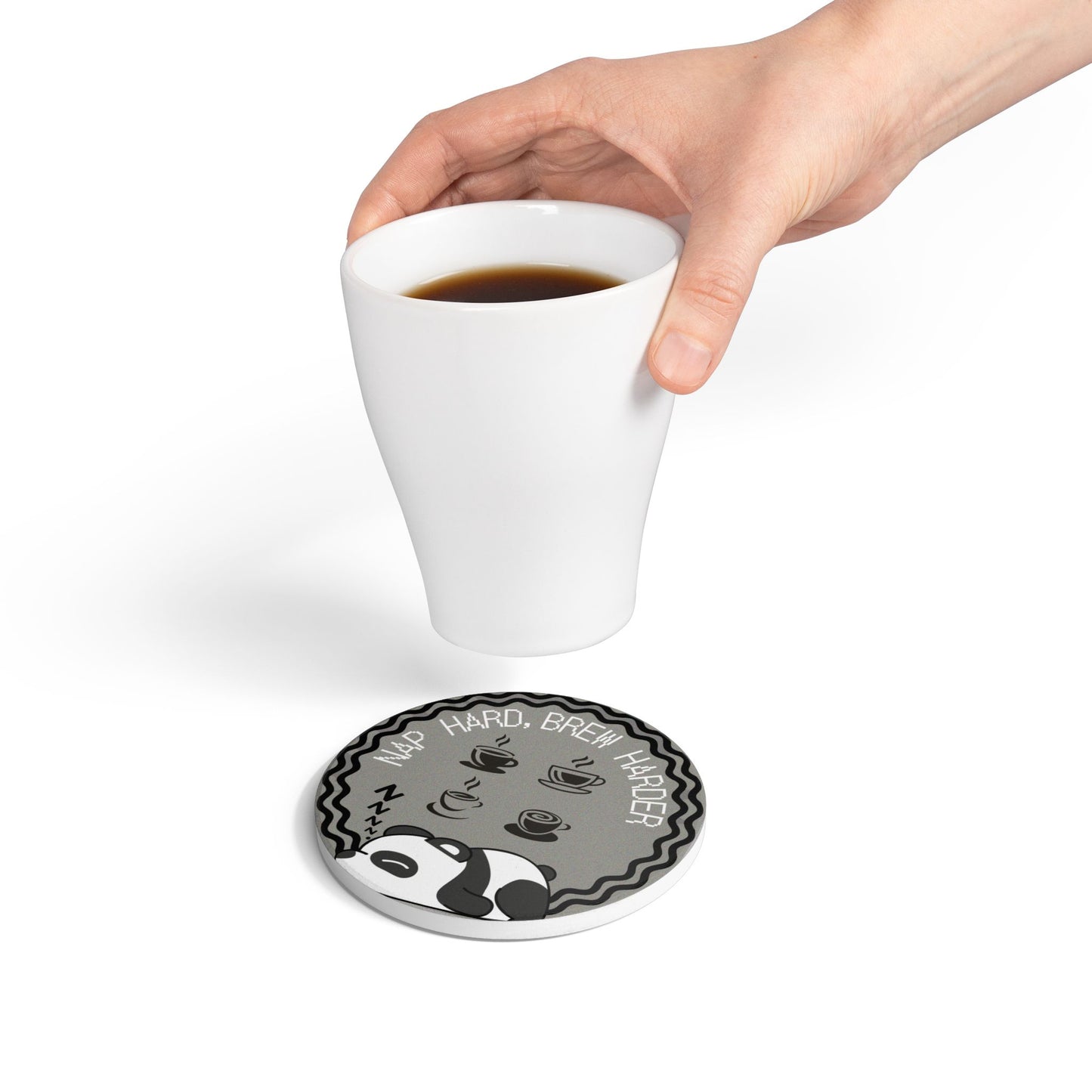 'Nap Hard, Brew Harder' sleeping panda coffee coaster