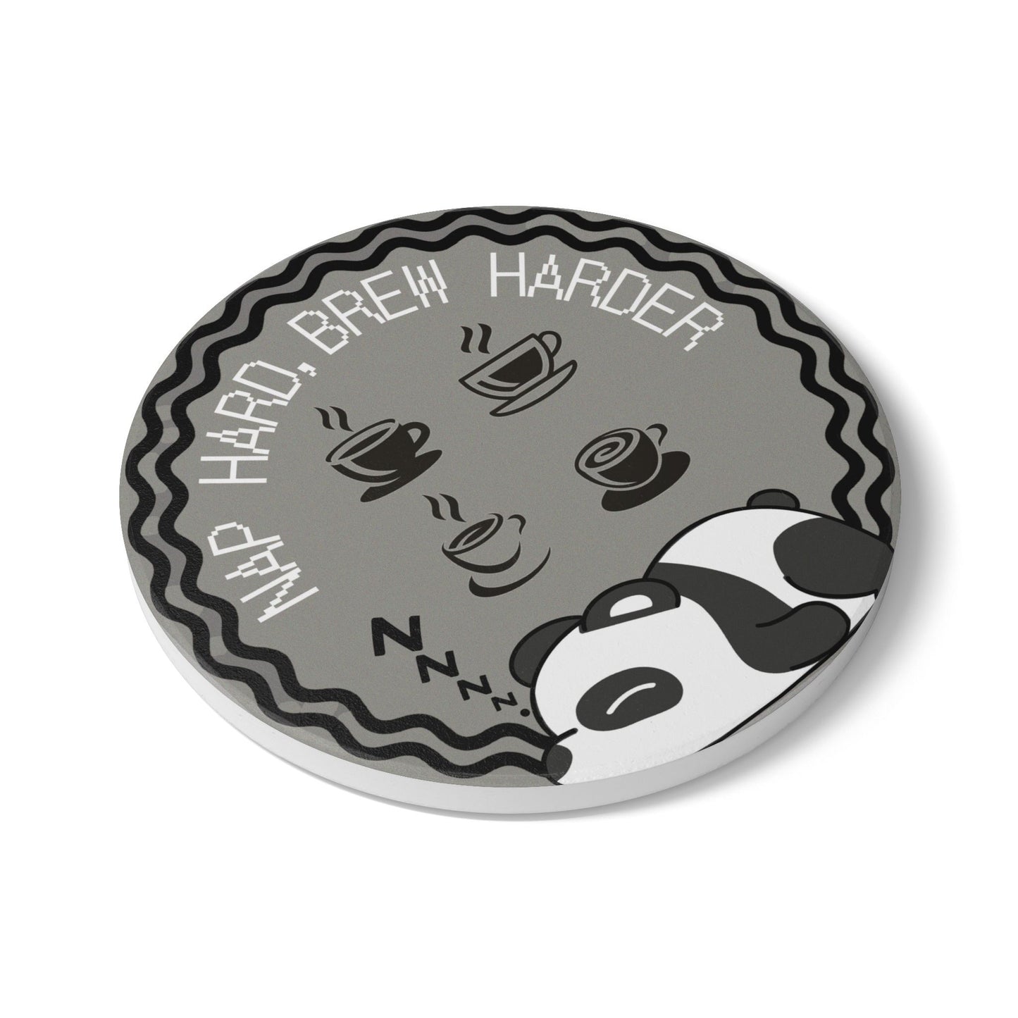 'Nap Hard, Brew Harder' sleeping panda coffee coaster