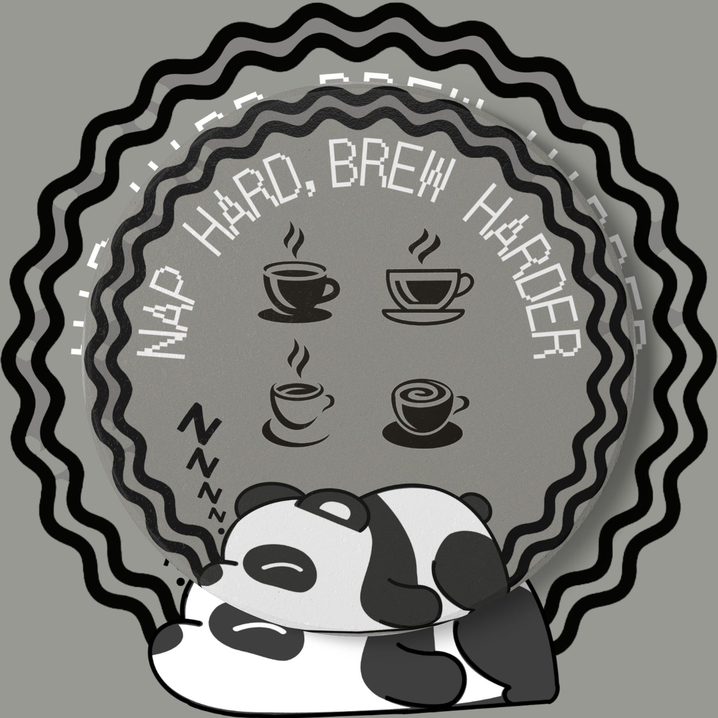 'Nap Hard, Brew Harder' sleeping panda coffee coaster